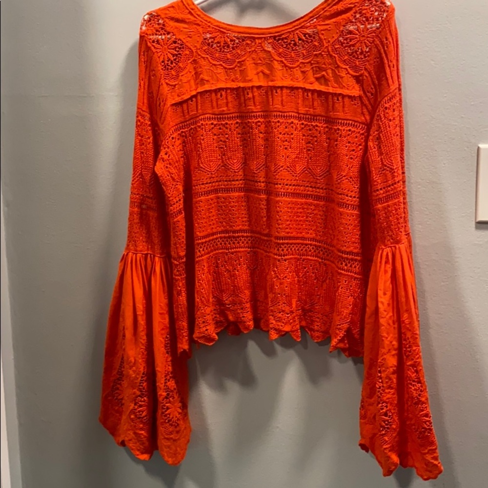 Free People Lace Bell Sleeve Crochet Sweater